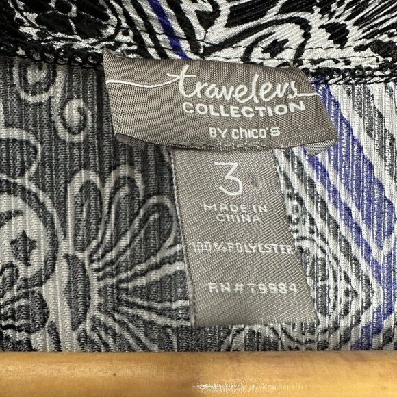 Chicos Travelers Cardigan Size XL Black Blue Pleated Paisley Artsy - Picture 8 of 9